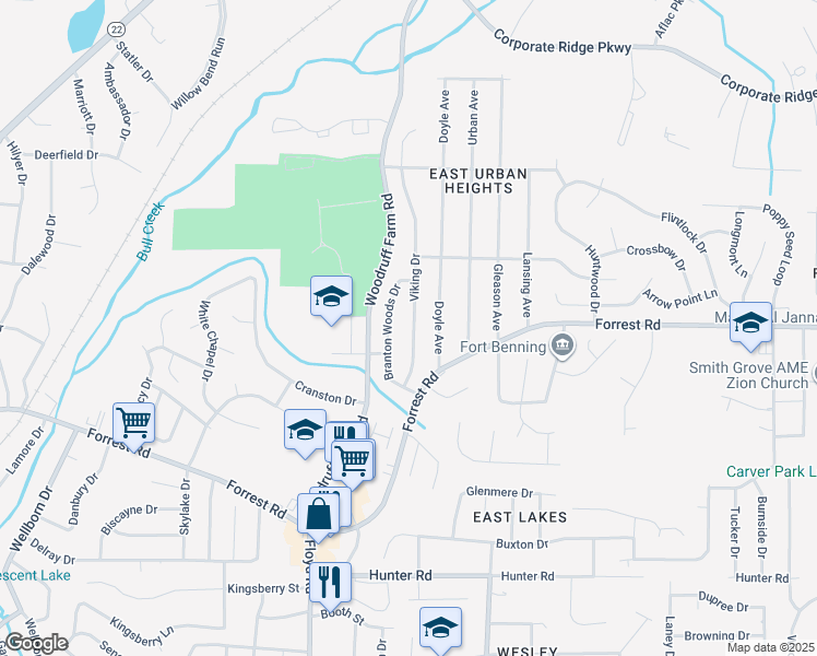map of restaurants, bars, coffee shops, grocery stores, and more near 2884 Branton Woods Drive in Columbus