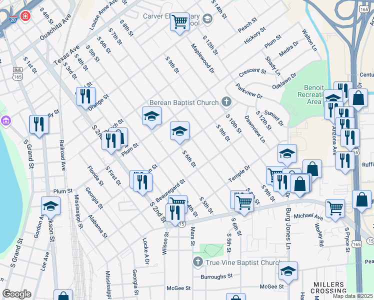 map of restaurants, bars, coffee shops, grocery stores, and more near 1406 South 7th Street in Monroe
