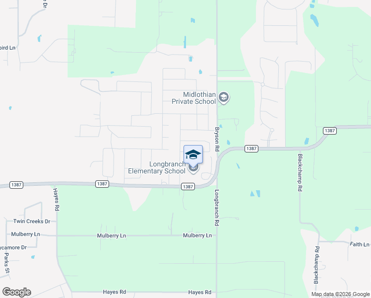 map of restaurants, bars, coffee shops, grocery stores, and more near 6605 Meadow Glen Drive in Midlothian