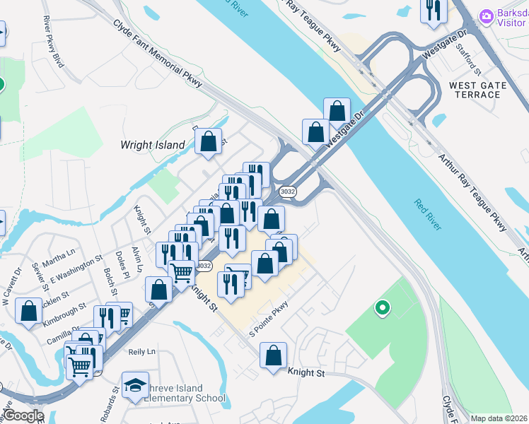 map of restaurants, bars, coffee shops, grocery stores, and more near 1330 Shreveport Barksdale Highway in Shreveport
