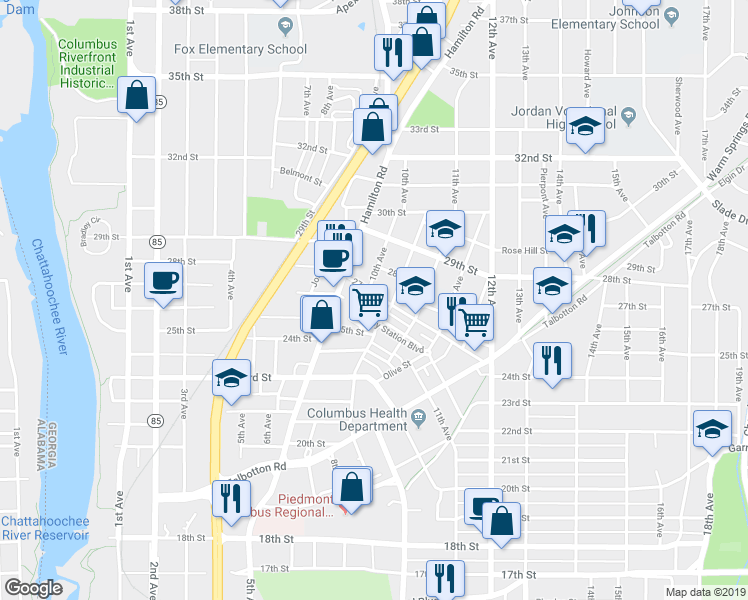 map of restaurants, bars, coffee shops, grocery stores, and more near 1010 27th Street in Columbus