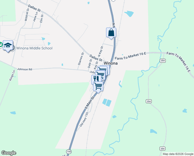 map of restaurants, bars, coffee shops, grocery stores, and more near 203 Johnson Road in Winona