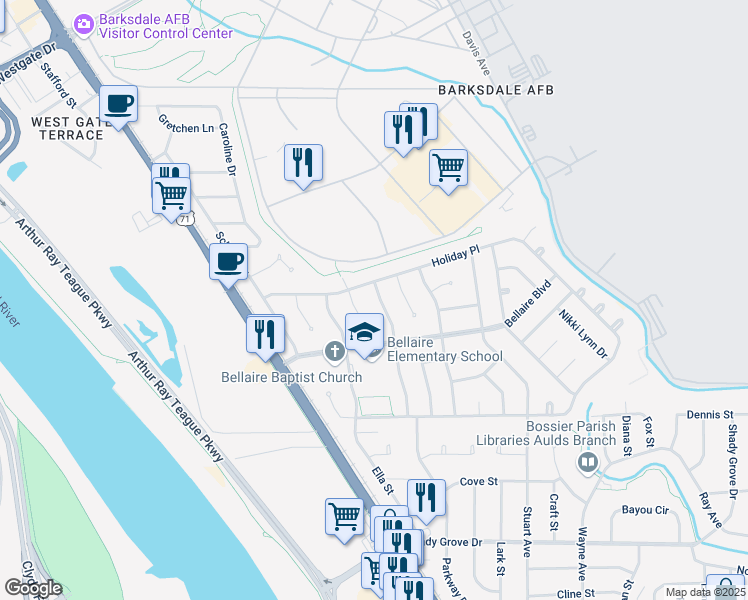 map of restaurants, bars, coffee shops, grocery stores, and more near 3404 Glasscock Avenue in Bossier City