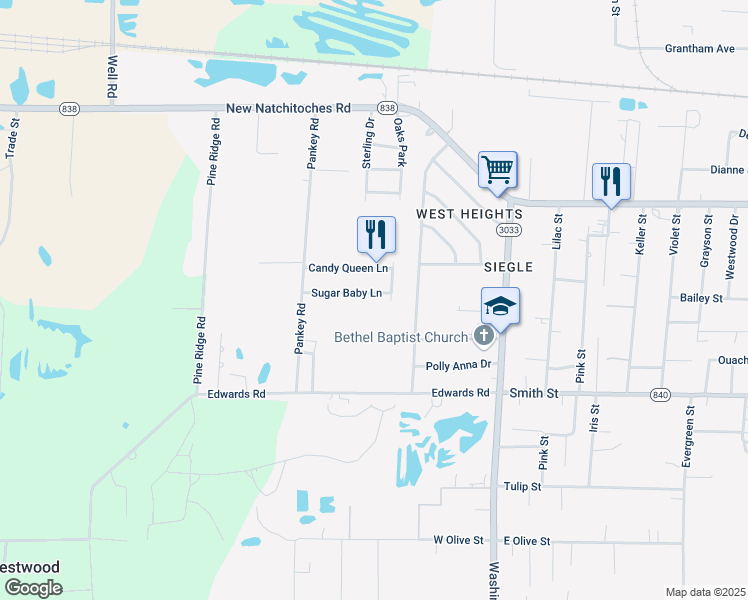 map of restaurants, bars, coffee shops, grocery stores, and more near 124 Sugar Baby Lane in West Monroe