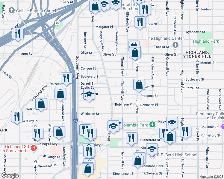 map of restaurants, bars, coffee shops, grocery stores, and more near 2409 Fairfield Avenue in Shreveport