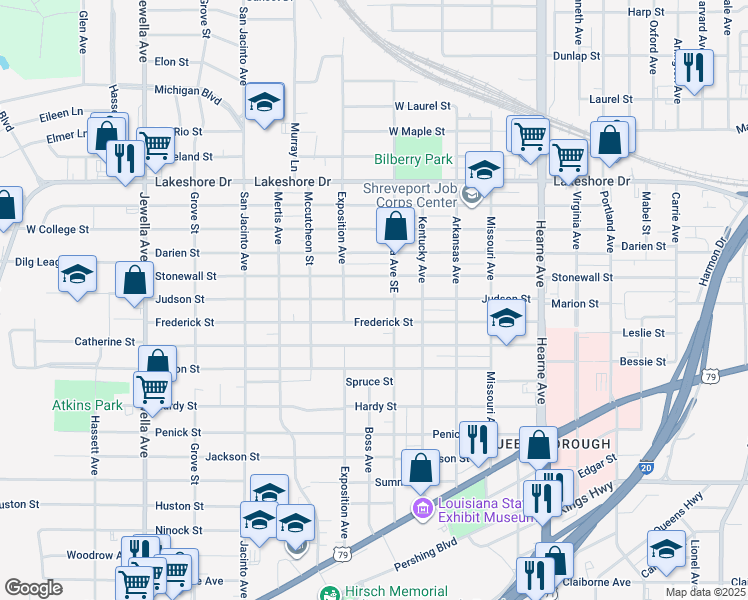 map of restaurants, bars, coffee shops, grocery stores, and more near 3124 Judson Street in Shreveport