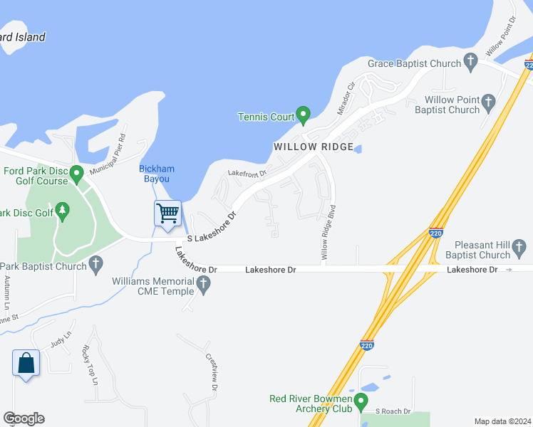 map of restaurants, bars, coffee shops, grocery stores, and more near 5720 South Lakeshore Drive in Shreveport