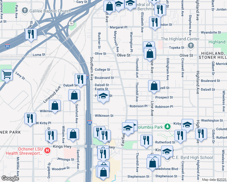 map of restaurants, bars, coffee shops, grocery stores, and more near 1039 Eustis Street in Shreveport