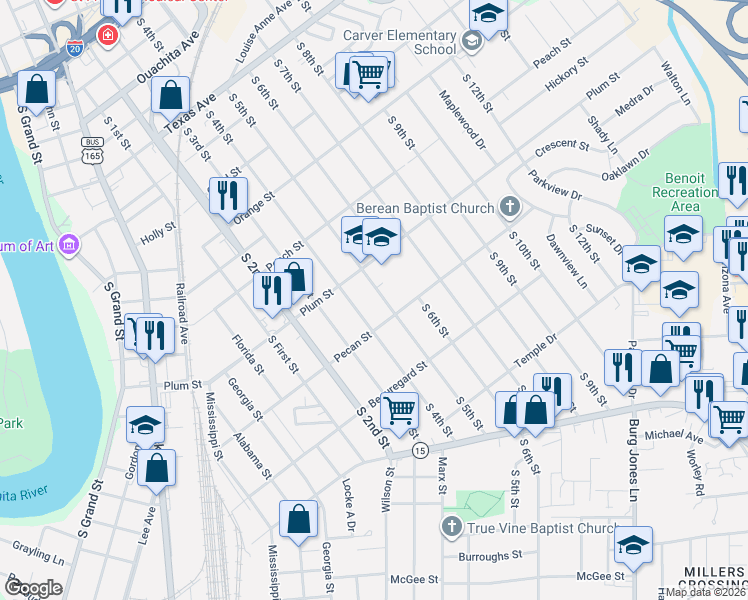 map of restaurants, bars, coffee shops, grocery stores, and more near 1300 S 5th St in Monroe