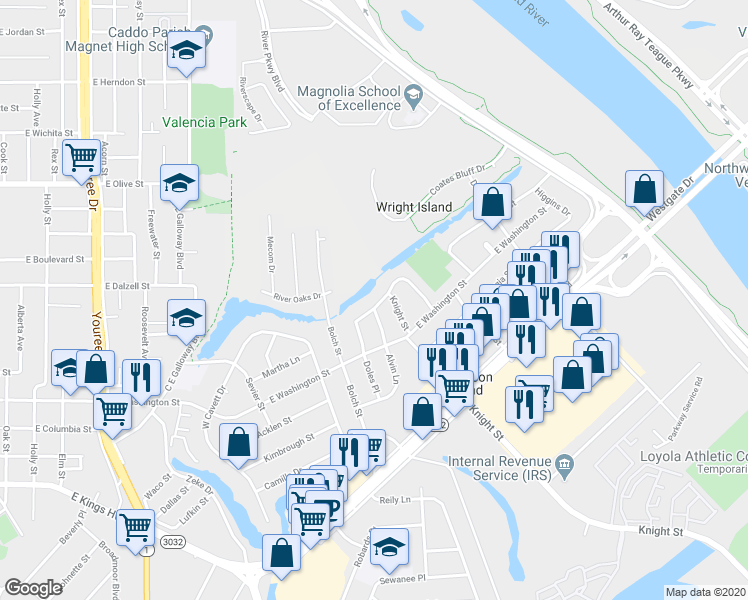 map of restaurants, bars, coffee shops, grocery stores, and more near 1024 Gayle Street in Shreveport