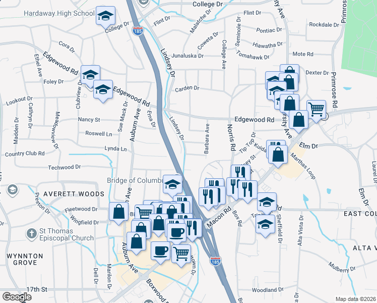 map of restaurants, bars, coffee shops, grocery stores, and more near 3307 Larry Drive in Columbus