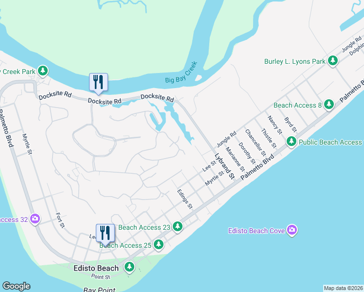 map of restaurants, bars, coffee shops, grocery stores, and more near 71 Barony in Edisto Island
