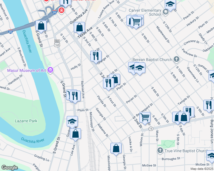 map of restaurants, bars, coffee shops, grocery stores, and more near 1010 S 2nd St in Monroe