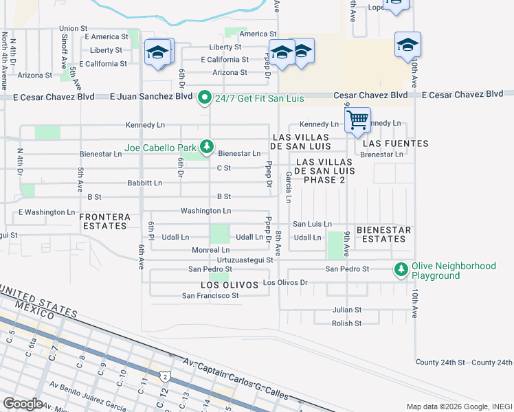 map of restaurants, bars, coffee shops, grocery stores, and more near 9520-9698 Washington Ln in San Luis