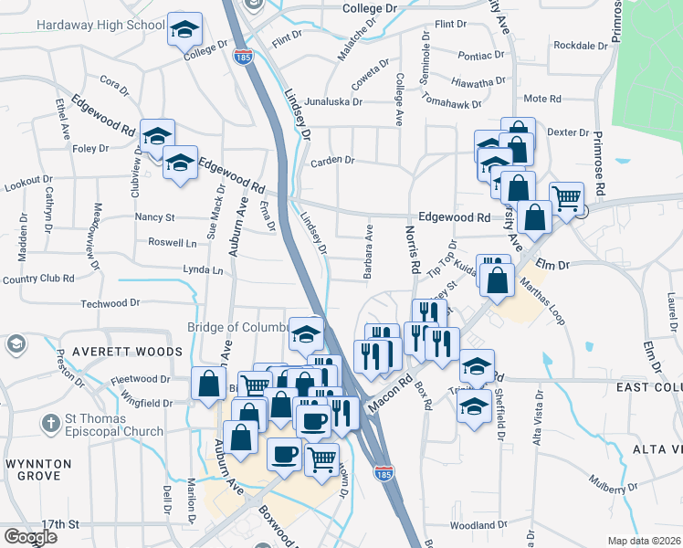 map of restaurants, bars, coffee shops, grocery stores, and more near 3307 Larry Dr in Columbus