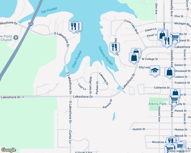 map of restaurants, bars, coffee shops, grocery stores, and more near 2508 Parham Dr in Shreveport