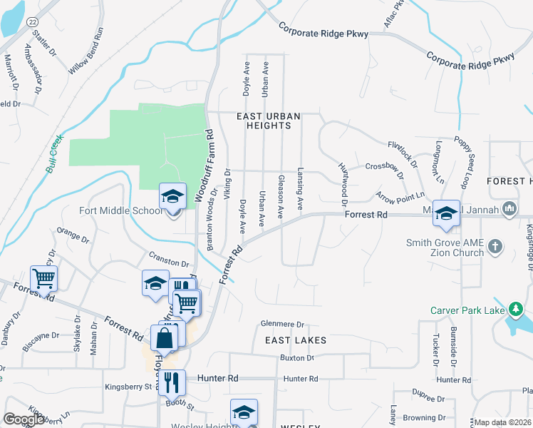 map of restaurants, bars, coffee shops, grocery stores, and more near 2878 Urban Avenue in Columbus