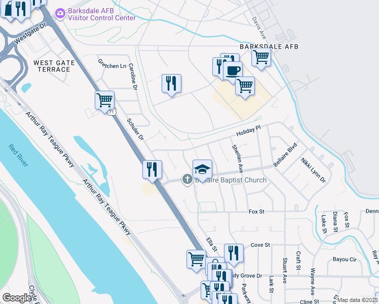 map of restaurants, bars, coffee shops, grocery stores, and more near 1304 Holiday Place in Bossier City