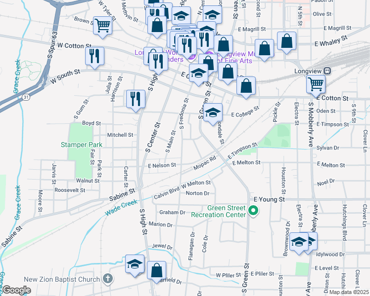 map of restaurants, bars, coffee shops, grocery stores, and more near 436 South Fredonia Street in Longview