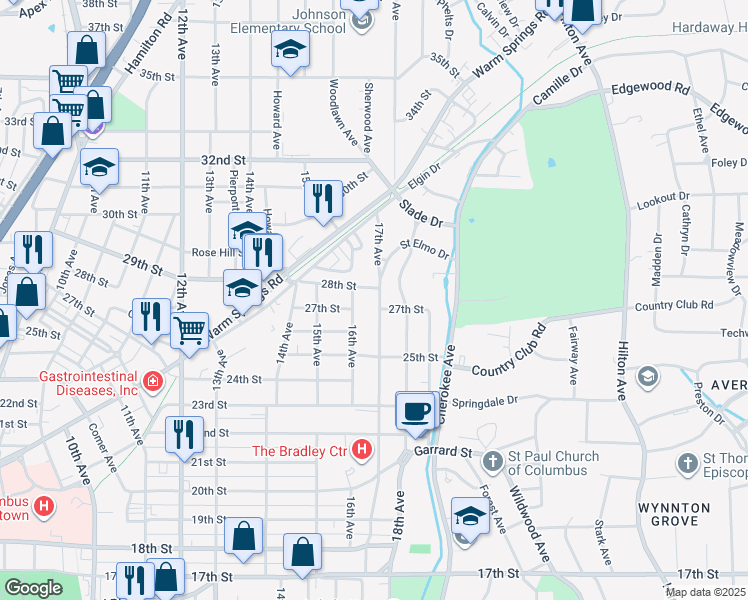 map of restaurants, bars, coffee shops, grocery stores, and more near 2705 17th Avenue in Columbus