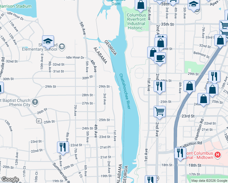 map of restaurants, bars, coffee shops, grocery stores, and more near 2804 1st Avenue in Phenix City