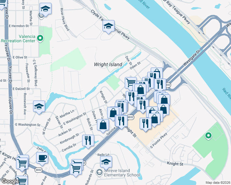 map of restaurants, bars, coffee shops, grocery stores, and more near 1136 East Washington Street in Shreveport