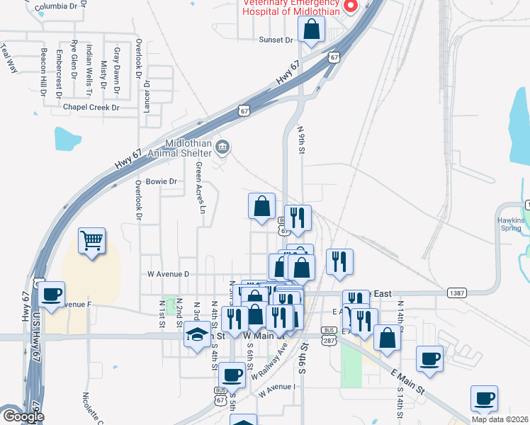 map of restaurants, bars, coffee shops, grocery stores, and more near 716 North 7th Street in Midlothian