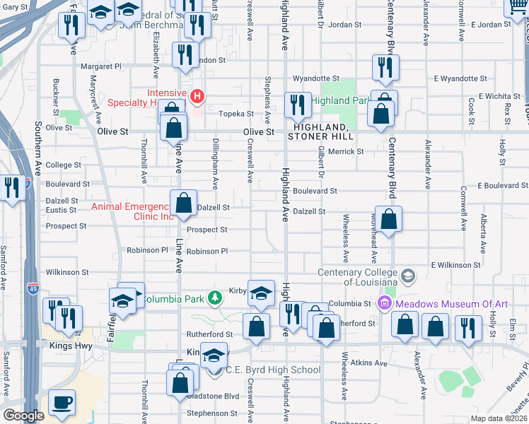 map of restaurants, bars, coffee shops, grocery stores, and more near 2400 Pinehurst Boulevard in Shreveport