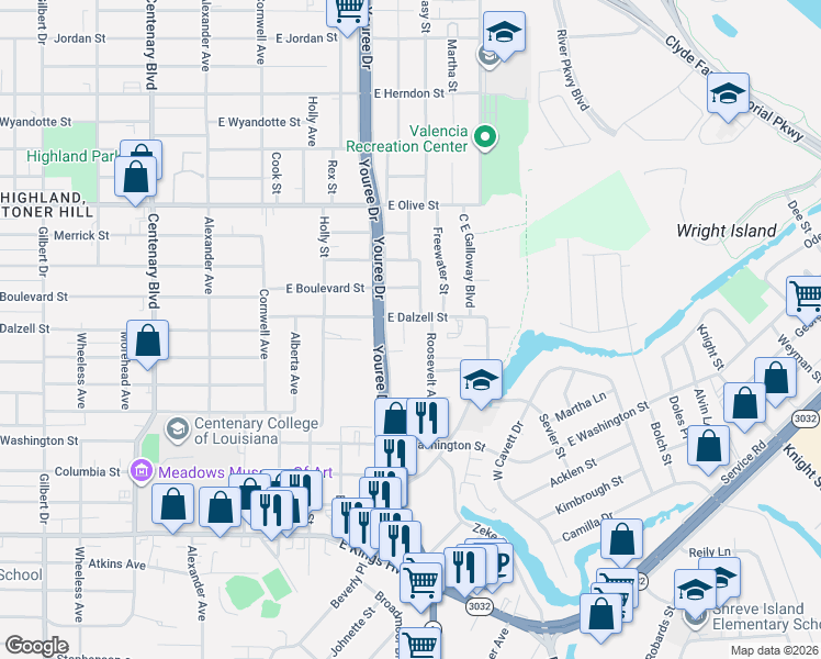 map of restaurants, bars, coffee shops, grocery stores, and more near 6703 Common Street in Shreveport