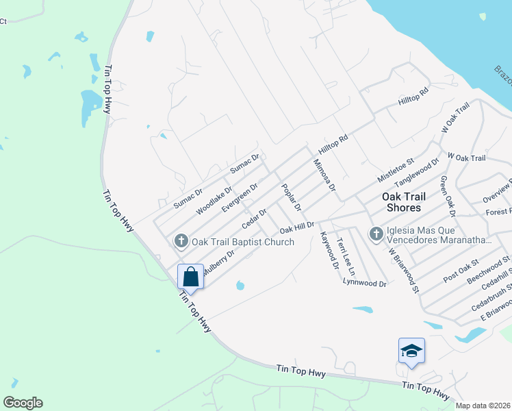 map of restaurants, bars, coffee shops, grocery stores, and more near 3405 Hilltop Road in Granbury