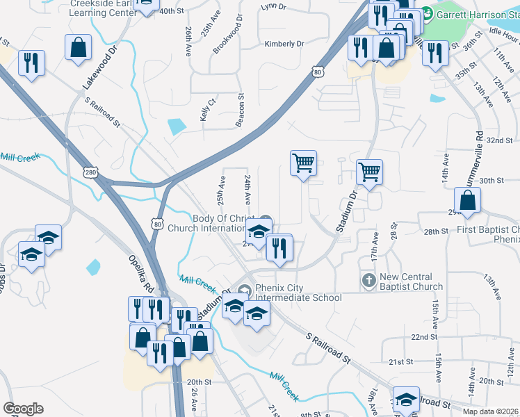 map of restaurants, bars, coffee shops, grocery stores, and more near 2808 24th Avenue in Phenix City