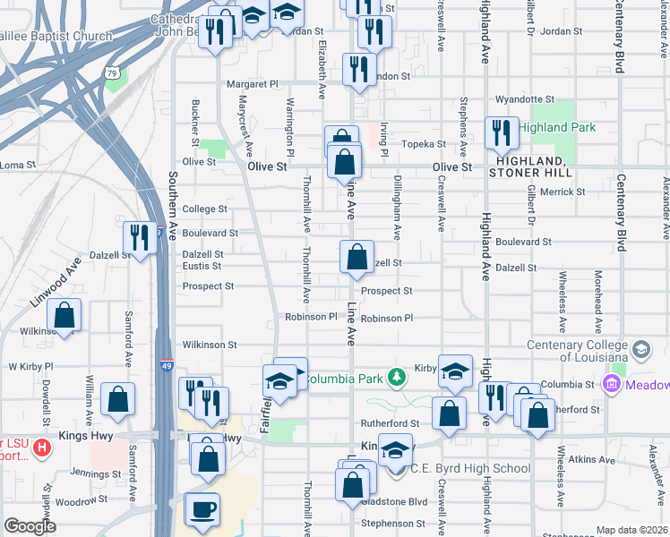 map of restaurants, bars, coffee shops, grocery stores, and more near 821 Dalzell Street in Shreveport
