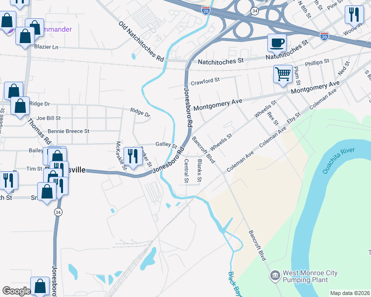 map of restaurants, bars, coffee shops, grocery stores, and more near 810 Wheelis St in West Monroe