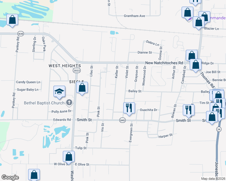 map of restaurants, bars, coffee shops, grocery stores, and more near 202 Keller Street in West Monroe
