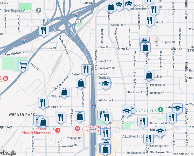 map of restaurants, bars, coffee shops, grocery stores, and more near 2409 Southern Avenue in Shreveport