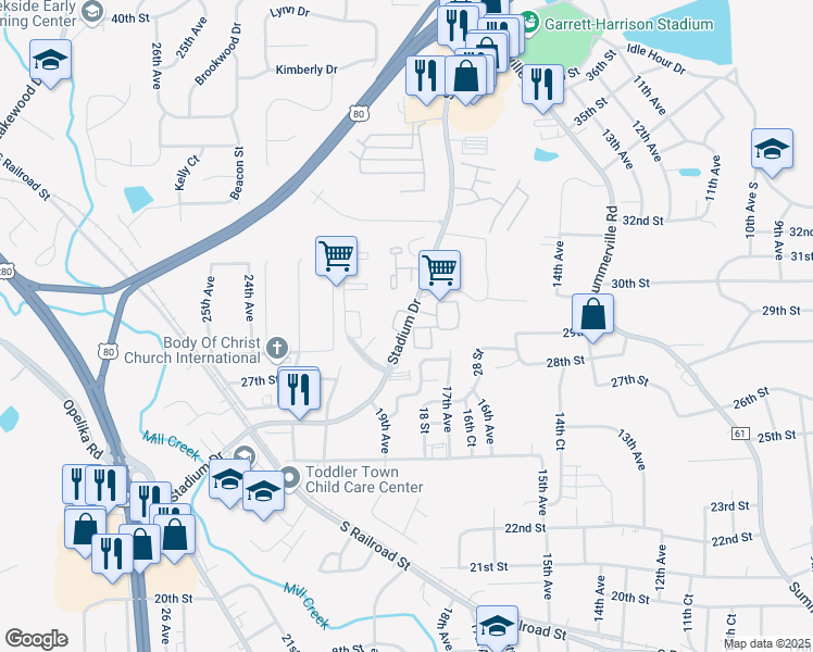map of restaurants, bars, coffee shops, grocery stores, and more near 2079 Stadium Drive in Phenix City