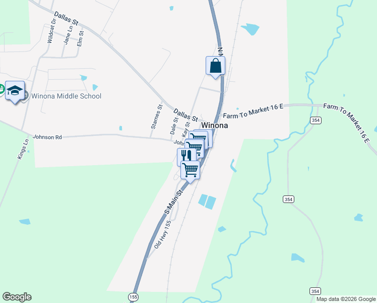 map of restaurants, bars, coffee shops, grocery stores, and more near 203 Johnson Road in Winona