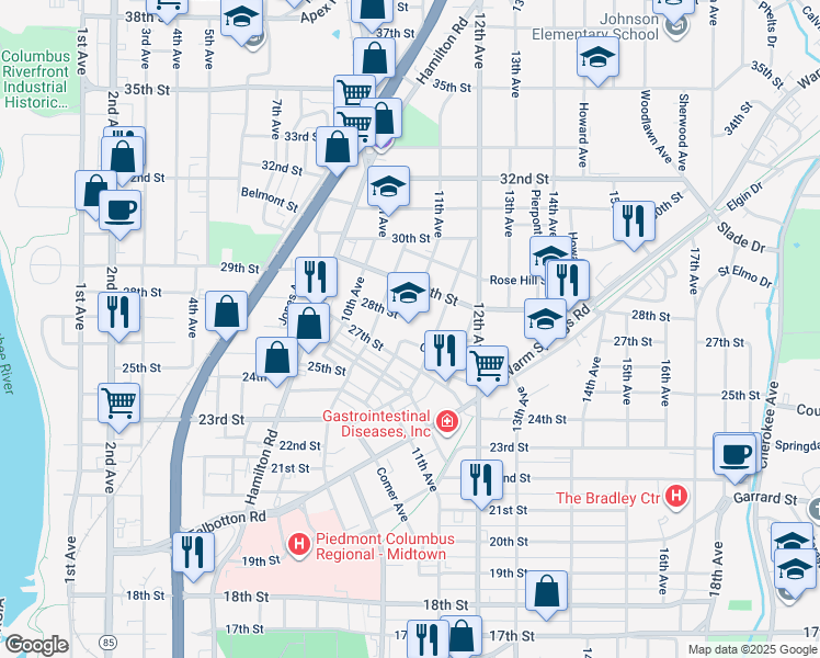 map of restaurants, bars, coffee shops, grocery stores, and more near 2701 11th Avenue in Columbus
