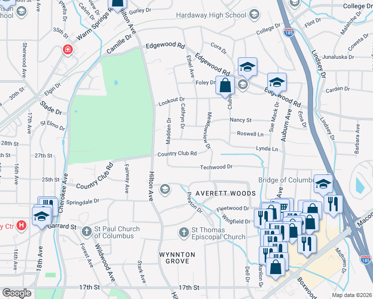 map of restaurants, bars, coffee shops, grocery stores, and more near 2511 Country Club Road in Columbus