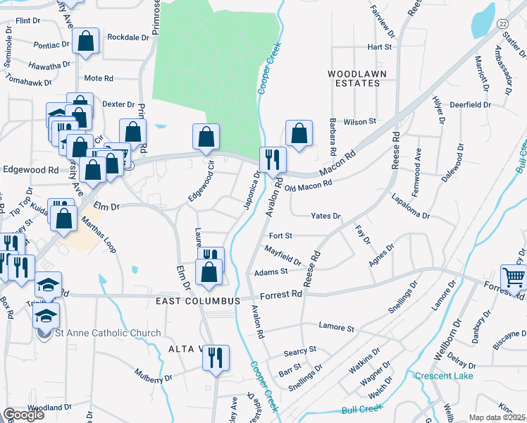 map of restaurants, bars, coffee shops, grocery stores, and more near 2613 Avalon Road in Columbus