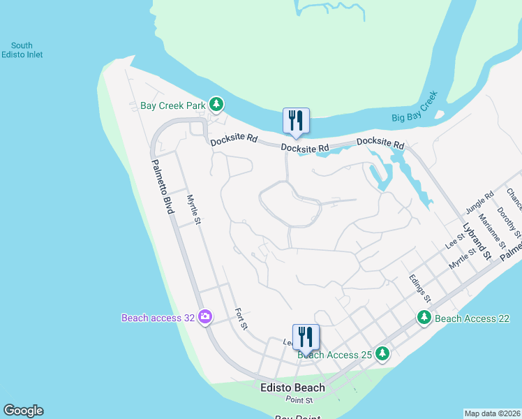 map of restaurants, bars, coffee shops, grocery stores, and more near 334 Sea Cloud Circle in Edisto Island