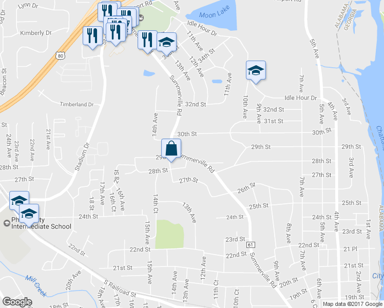 map of restaurants, bars, coffee shops, grocery stores, and more near 2808 Summerville Road in Phenix City