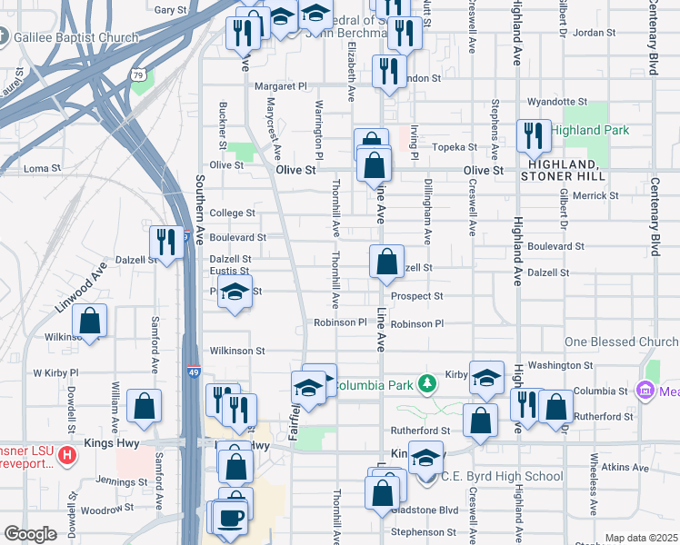 map of restaurants, bars, coffee shops, grocery stores, and more near 901 Dalzell Street in Shreveport