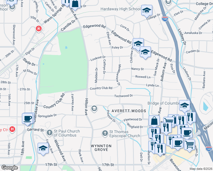 map of restaurants, bars, coffee shops, grocery stores, and more near 2511 Country Club Rd in Columbus