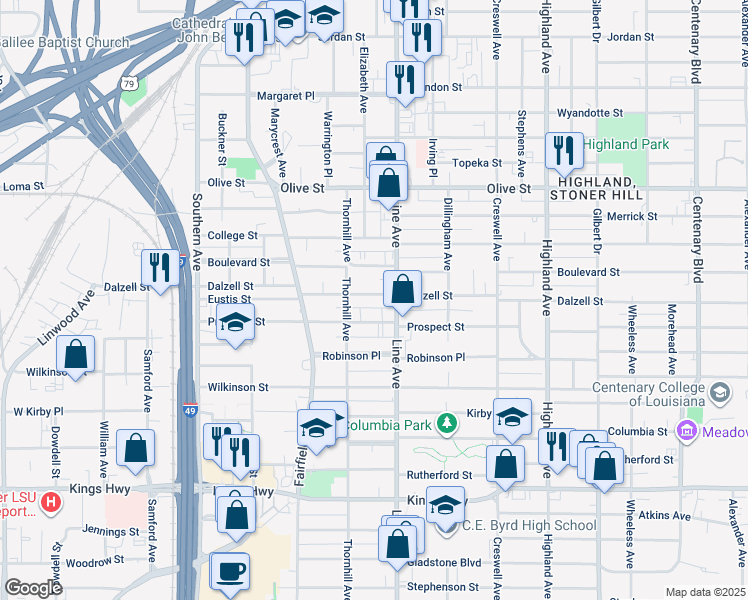 map of restaurants, bars, coffee shops, grocery stores, and more near 821 Dalzell Street in Shreveport