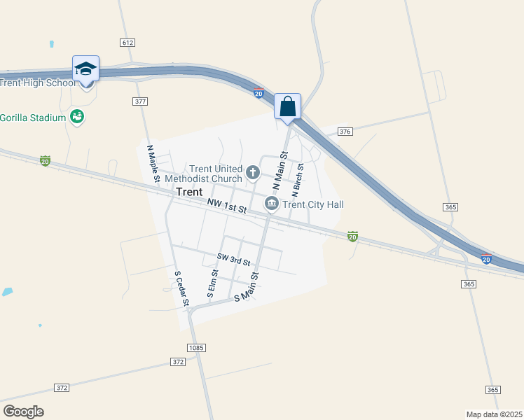 map of restaurants, bars, coffee shops, grocery stores, and more near 118 Northwest 1st Street in Trent