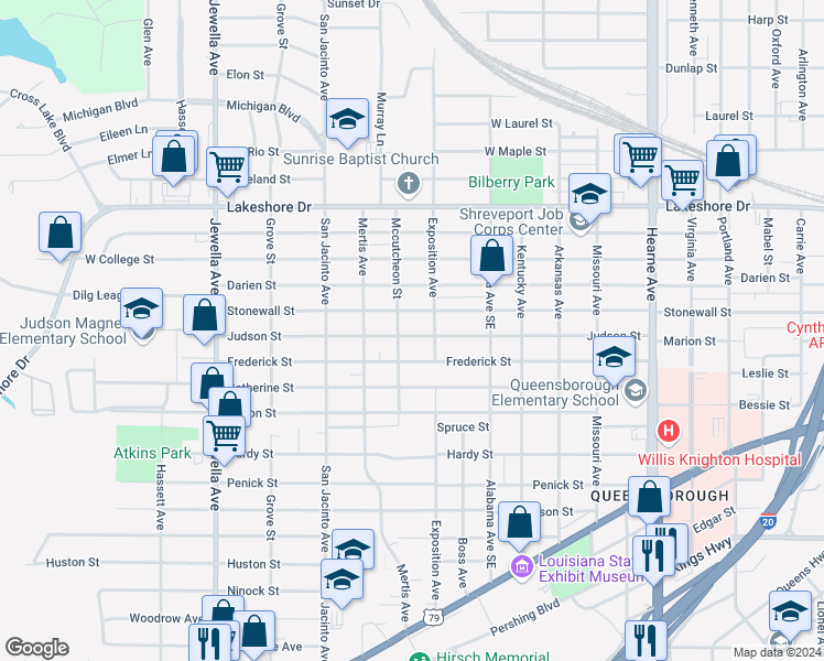 map of restaurants, bars, coffee shops, grocery stores, and more near 3227 Judson Street in Shreveport