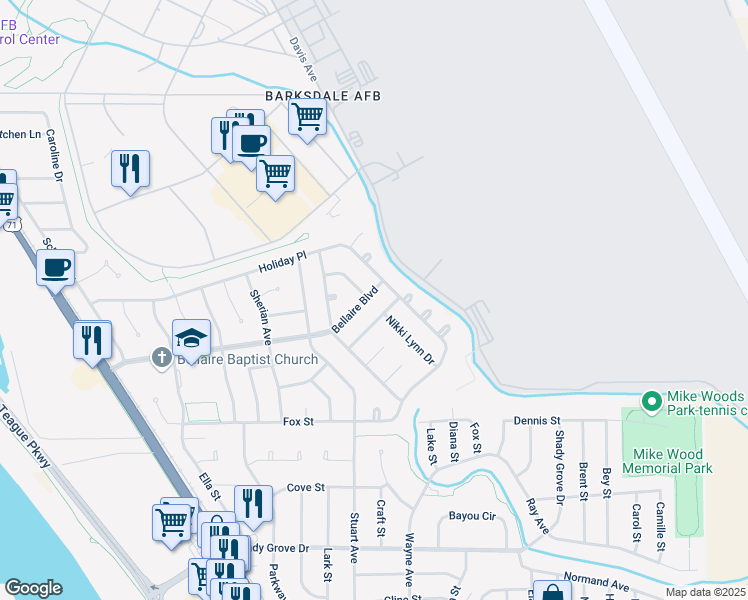 map of restaurants, bars, coffee shops, grocery stores, and more near 1632 Bellaire Boulevard in Bossier City