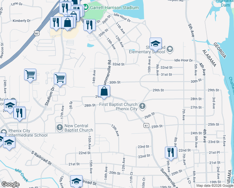 map of restaurants, bars, coffee shops, grocery stores, and more near 2808 Summerville Road in Phenix City