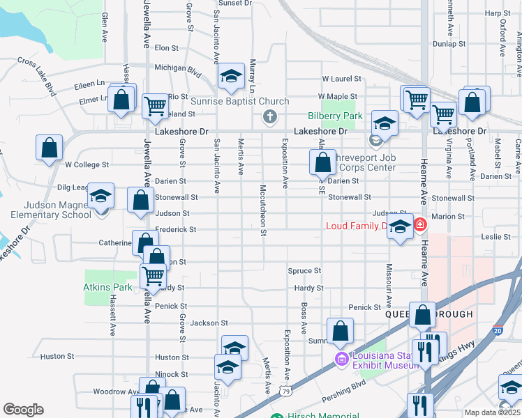 map of restaurants, bars, coffee shops, grocery stores, and more near 3304 Judson Street in Shreveport